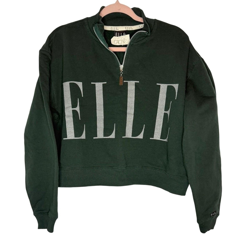Elle Pullover Quarter Zip Vintage Y2K Women L Forest Green Cropped Sweatshirt
